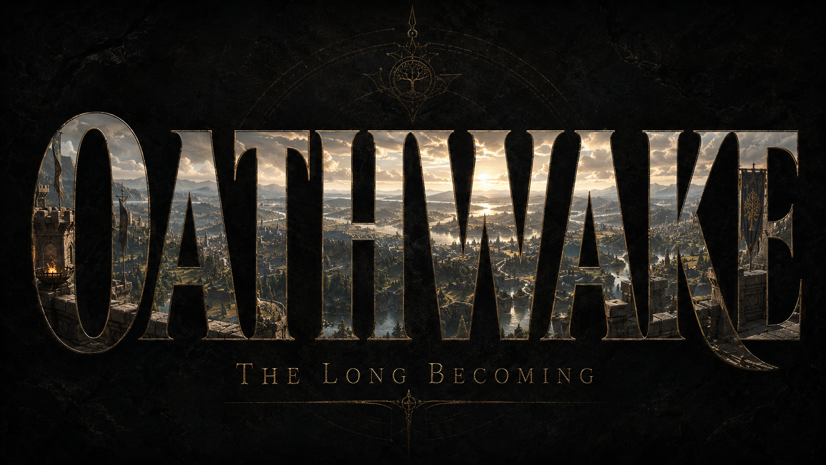 Oathwake title artwork showing the world of Anachron inside the lettering, viewed from the stone heights of Stonewake.