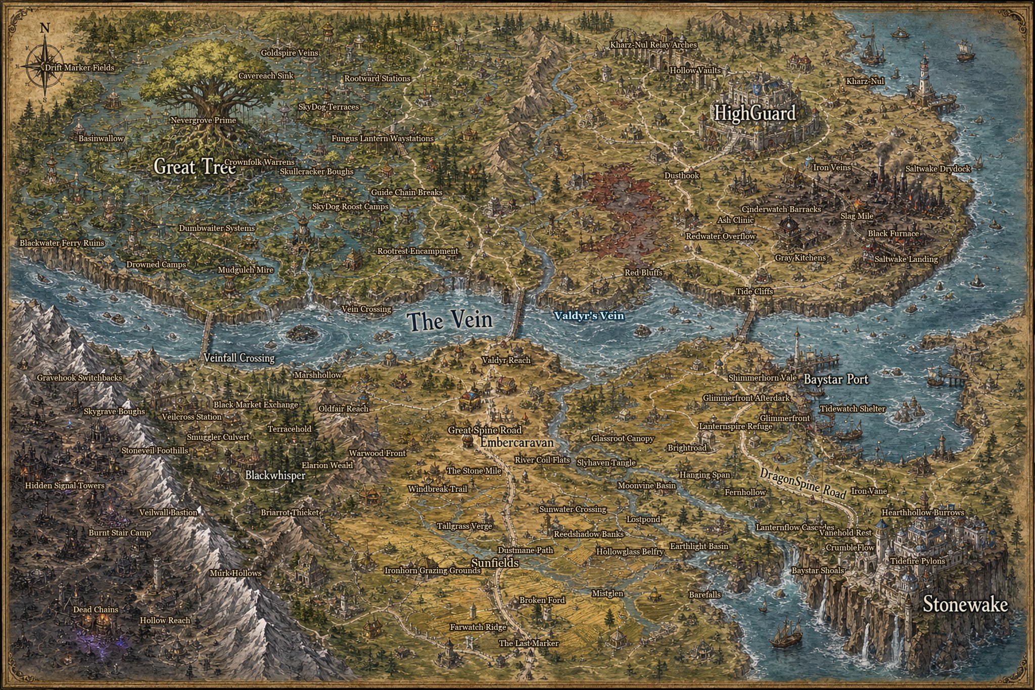 Dense labeled realm map of Anachron with Stonewake, HighGuard, the Great Tree, The Vein, Baystar Port, and surrounding regions.